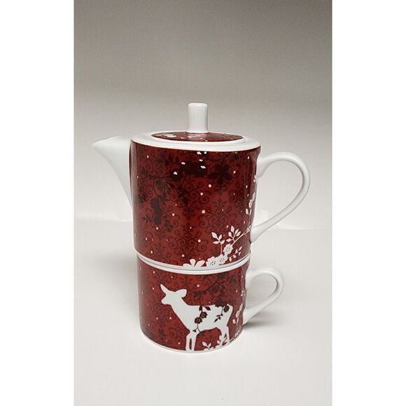 Rosanna Deer & Birds Red Porcelain Stacking Teapot & Teacup for One - Picture 4 of 12